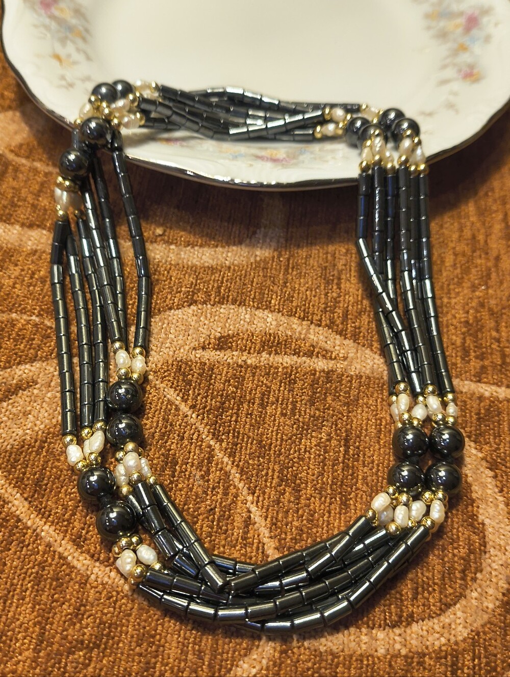 Vtg Hematite and Rice Pearl W/ Gold Tone Bead Continuous Necklace